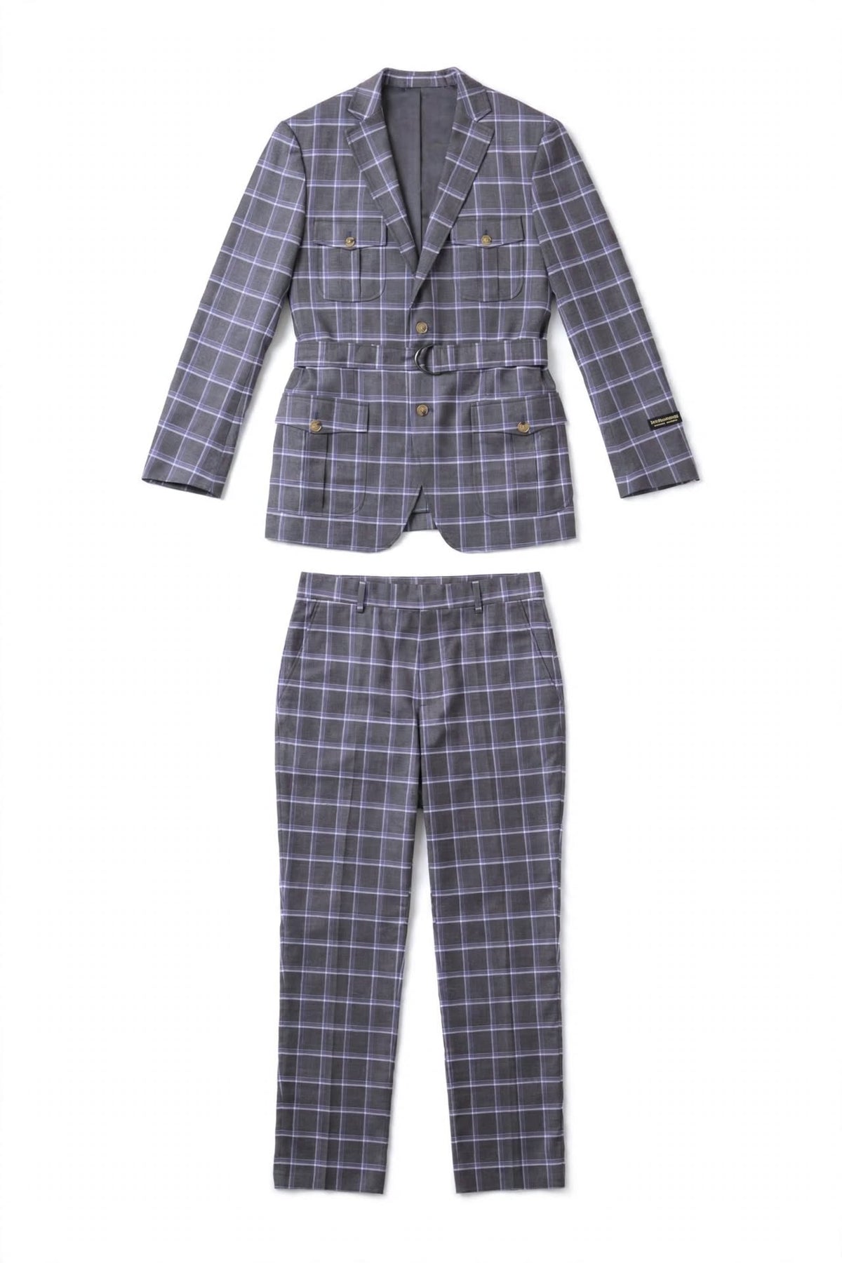 DFC Lavender Windowpane Safari Suit - Belted 4-Pocket Jacket + Trousers